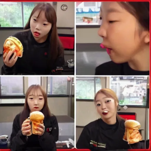 Prompt: Trailcam footage of Chuu from LOONA eating a burger