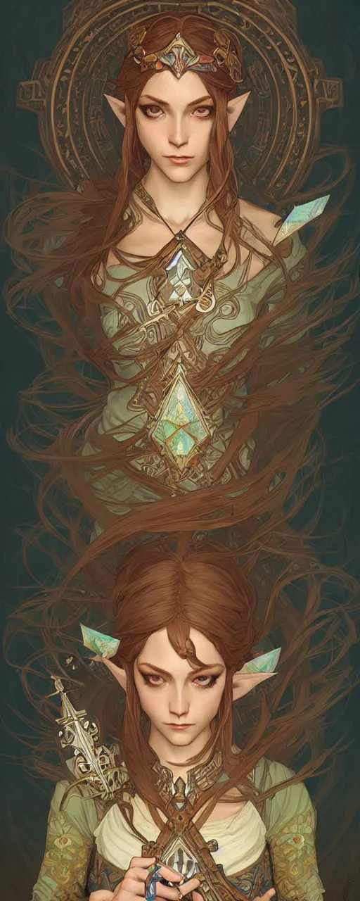 Prompt: legend of Zelda art nouveau, D&D, fantasy, intricate, elegant, highly detailed, digital painting, artstation, concept art, matte, sharp focus, illustration, hearthstone, art by Artgerm and Greg Rutkowski and Alphonse Mucha