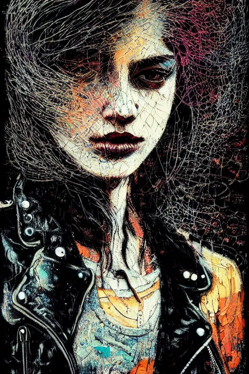 Image similar to dreamy rock girl, black leather jacket, detailed acrylic, grunge, intricate complexity, by dan mumford and by alberto giacometti, peter lindbergh