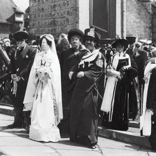 Image similar to The Empress was smiling and waving to the spectators as they waited outside the church in this extreme wide shot, black and white Russian and Japanese combination historical fantasy photographic image of a Royal wedding taken in 1907 by the event's official photographer.