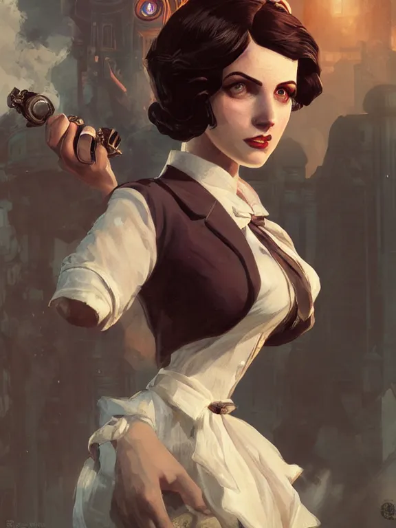 Image similar to portrait of a young woman from bioshock infinite, art by ryo shiotani and greg rutkowski, intricate, beautiful, cute, cinematic lighting, vintage art by serge ivanoff, high resolution, very detailed