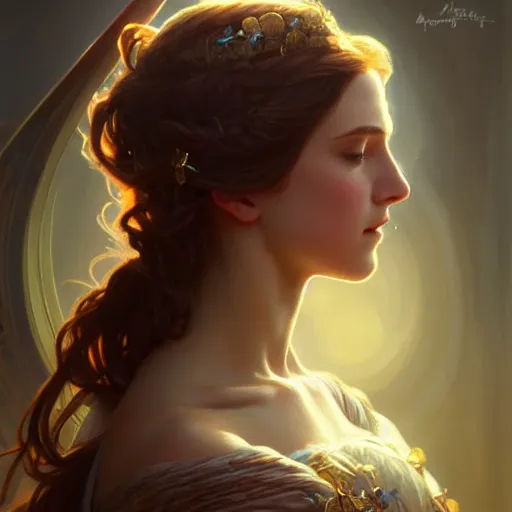 Prompt: portrait of a young beautiful princess, upper body, attractive body, D&D, fantasy, intricate, cinematic lighting, highly detailed, digital painting, artstation, concept art, smooth, sharp focus, illustration, art by Artgerm and Greg Rutkowski and Alphonse Mucha