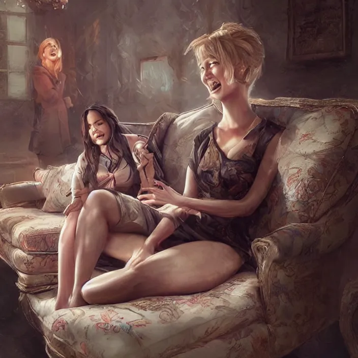 Image similar to portrait of michael mcintyre leaving on a sofa with a singing waitress, elegant, real life skin, intricate artwork, high detailed, artstation, concept art, smooth, sharpz focus, art by artgerm and greg rutkowski