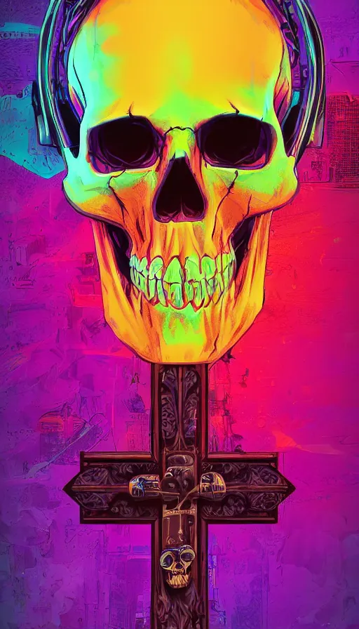 Image similar to a colorful skull with a cross on it's forehead, cyberpunk art by stanley twardowicz, cgsociety, computer art, neon, wallpaper, glowing neon