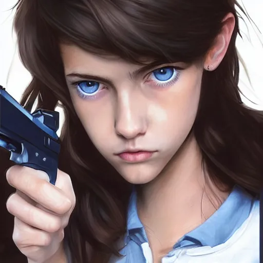 Image similar to portrait of a brunette thin teenager girl with blue eyes wearing school, uniform aims a gun, light stubble, digital art,photorealistoc,art by greg rutkowski,hyperdetailed,western comic style,comic,comic style,sharp lineart,professional lighting,deviantart,artstation,trevor henderson,rossdtaws,cinematic,dramatic