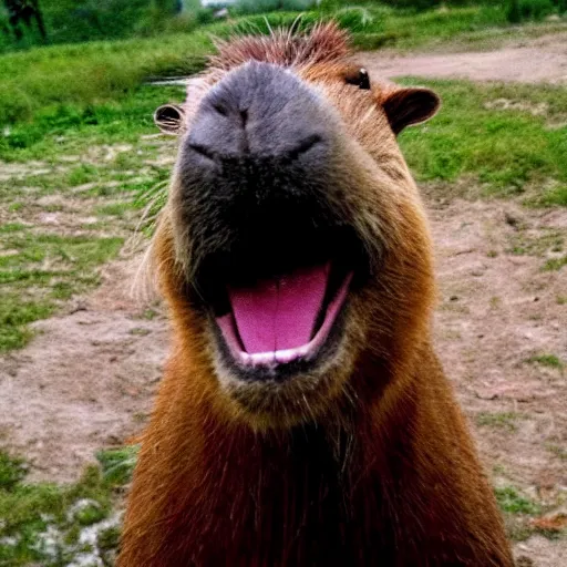 Prompt: angry capybara with a gun pointing at the camera