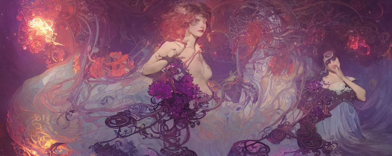 Image similar to she dreams of arcs of purple flame intertwined with glowing sparks, glinting particles of ice, dramatic lighting, steampunk, bright neon, secret holographic cyphers, red flowers, solar flares, intricate art by alphonse mucha and greg rutkowski and ruan jia