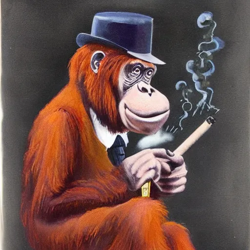 Image similar to orangutan in mafia suit with bowler hat and tommy gun smoking a cigar, dark street scene at night