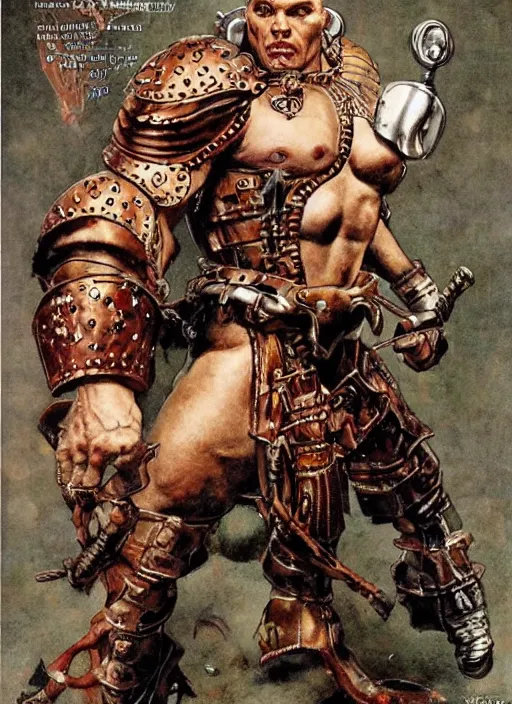 Image similar to full body portrait of martyn ford as the minotaur wearing leather and metal armour, dynamic action, by norman rockwell and jesper ejsing and tom lovell and frank schoonover