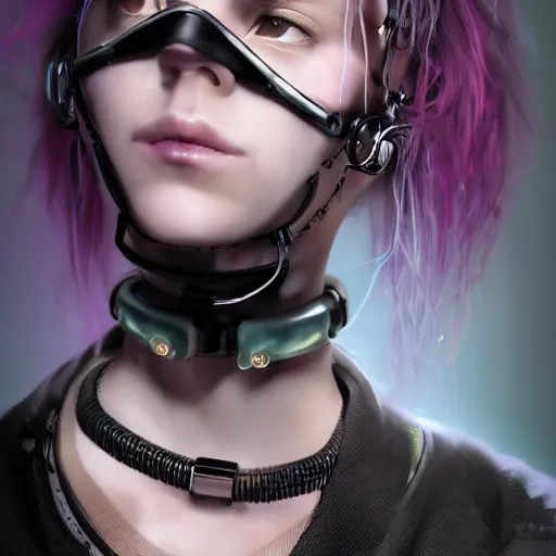 Image similar to detailed realistic cyberpunk female character cyberpunk wearing steel collar around neck, realistic, art, beautiful, 4K, collar, choker, collar around neck, punk, artstation, detailed, female, woman, choker, cyberpunk, neon, punk, collar, choker, collar around neck, thick collar, choker around neck, wearing choker, wearing collar, bright neon punk hair,