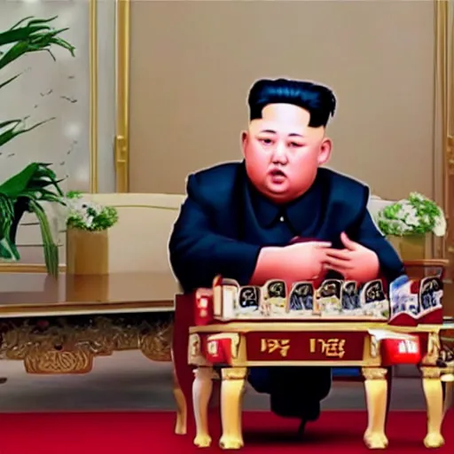 Image similar to cinematic shot of kim jong - un sitting on a couch in an apartment eating a box of cheez - its, 8 k, very intricate, very detailed,