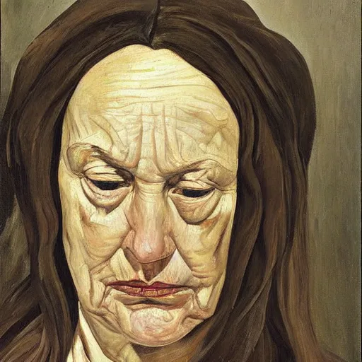 Image similar to Oil painting Portrait of a sad Woman, by Lucian Freud, Abstract brush strokes, Masterpiece