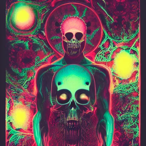 Image similar to photograph of a pastel screen print on thick paper of album artwork for the band TOOL designed by Ash Thorp and Nychos. No skulls.