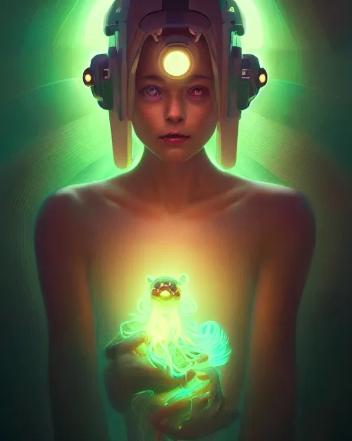 Prompt: one singular portrait of a cute bioluminescent creature, pulp scifi, highly detailed, digital painting, moody cinematic lighting, hyperrealism, dark retrowave, art by stanley lau and artgerm and magali villeneuve and alphonse mucha, artstation, octane render, cgsociety