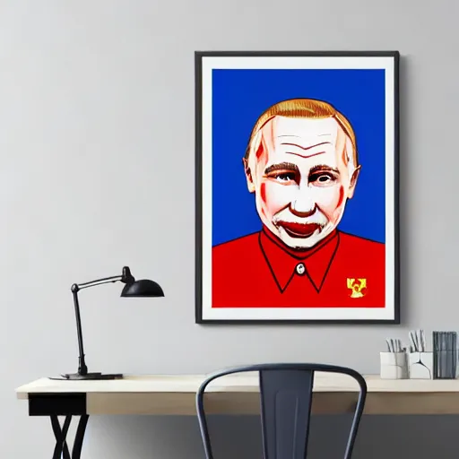 Prompt: communist clown portrait, soviet propaganda style, poster, putin