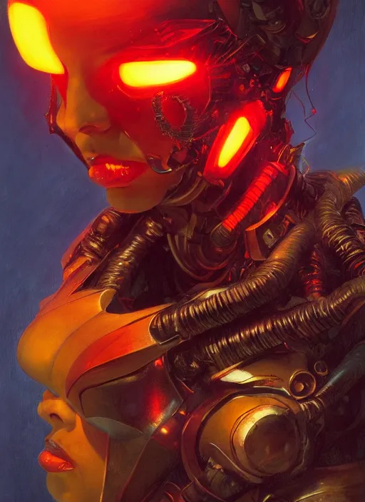 Image similar to ( ( symmetry ) ) closeup portrait of a stunning armored cyborg female pirate captain, strong cinematic light, backlight, red yellow, viscous smoke, fluid simulation, mist, by gerald brom, by mikhail vrubel, by peter elson, muted colors, extreme detail, trending on artstation, 8 k
