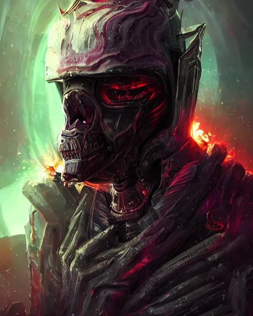 Image similar to a deathly portrait of ankou the evil lord staring with anger and wearing futuristic armor with sci fi panel cuts, death and corruption, smooth, intricate, sinister, evil energy, souls of the dead, neon glowing spells, matte painting, artstation, cinematic color scheme, dark fantasy sci fi, sharp focus, cgsociety