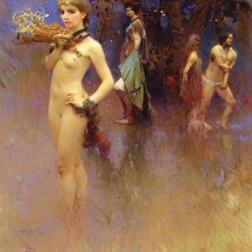 Prompt: first day of school painting by gaston bussiere, mucha, gerome, craig mullins, greg rutkowski,