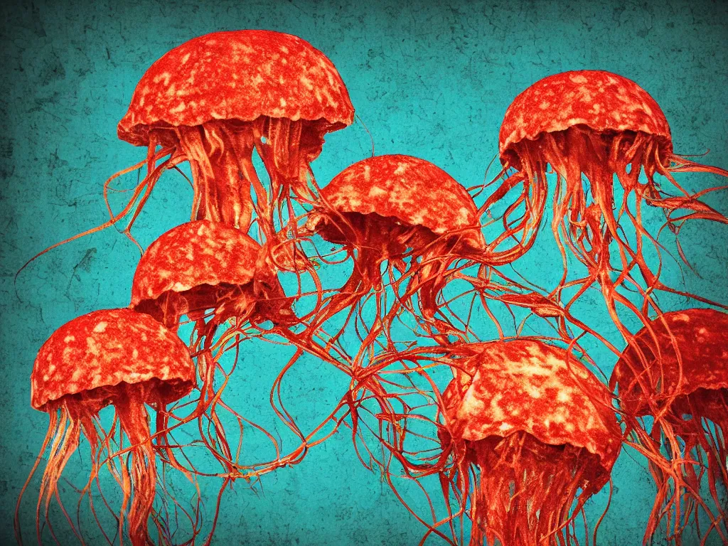 Prompt: side view a group of hamburger mix jellyfish growing form tree branch, super resolution, 8 k, sharp focus, pop art, cyberpunk, pop art, old school, lonely family, style by andy warhol