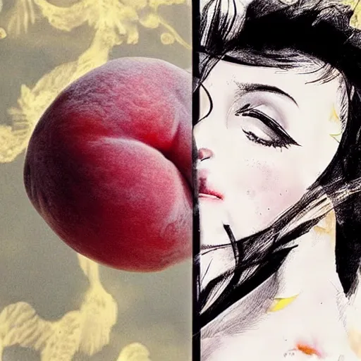 Prompt: A beautiful collage. In the dream, she is easting a peach, on Venus. The flesh is sweet and juicy, slightly bitter. It mingles with Sydan's taste in a delicious way. YouTube by Ashley Wood