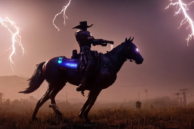 Image similar to on a beautiful cyberpunk florest theres a cyberpunk knight riding a cyberpunk horse, cinematic lightning, ray tracing, unreal engine 5, photorealistic, 8 k, uhd, 4 k, red dead redemption 2 game concept, extremely detailed, beautiful, elegant, intricate, foggy, in - game footage