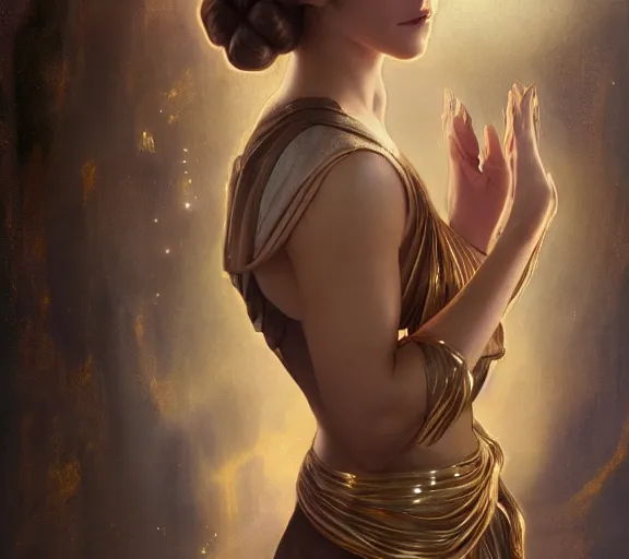 Image similar to photography of a sensual emma watson dressed like princess leia in a gold slave girl costume, deep focus, intricate, elegant, highly detailed, digital painting, artstation, concept art, matte, sharp focus, illustration, art by artgerm and greg rutkowski and alphonse mucha and gil elvgren