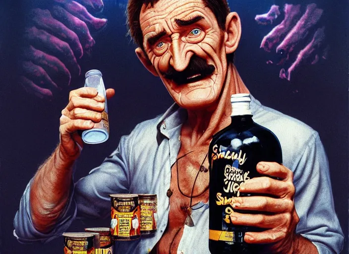 Image similar to barry chuckle drinking a bottle of snake oil, snake oil advertisement from 1 9 8 8, artwork by greg rutkowski and richard corben, 3 d, high resolution 8 k