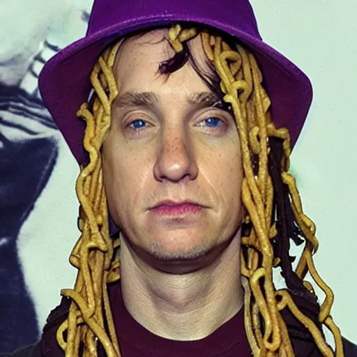 Prompt: eminem wearing a hat made of spaghetti and a purple dress