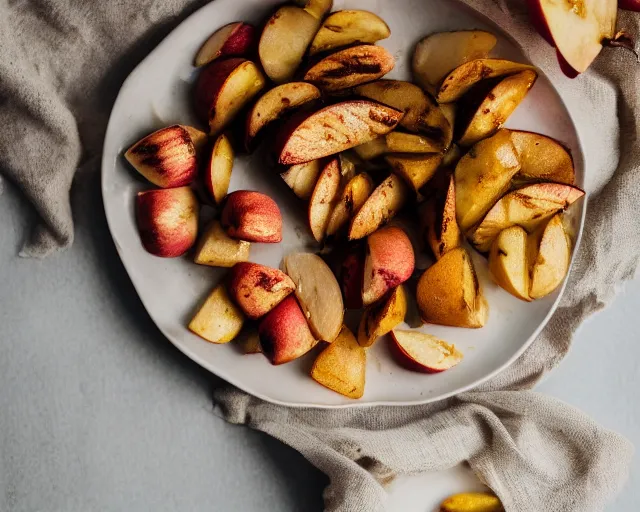 Prompt: 8 5 mm food photography of a plate full of grilled apples at restaurant with dof and bokeh and wine glasses o