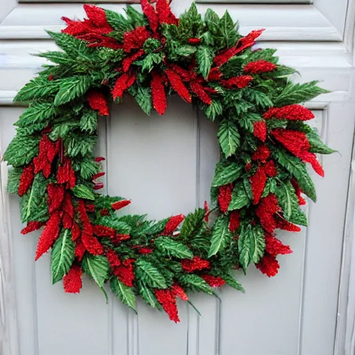 Prompt: christmas wreath woven of cannabis leaf ganja bud nugs reefer wreath leaves