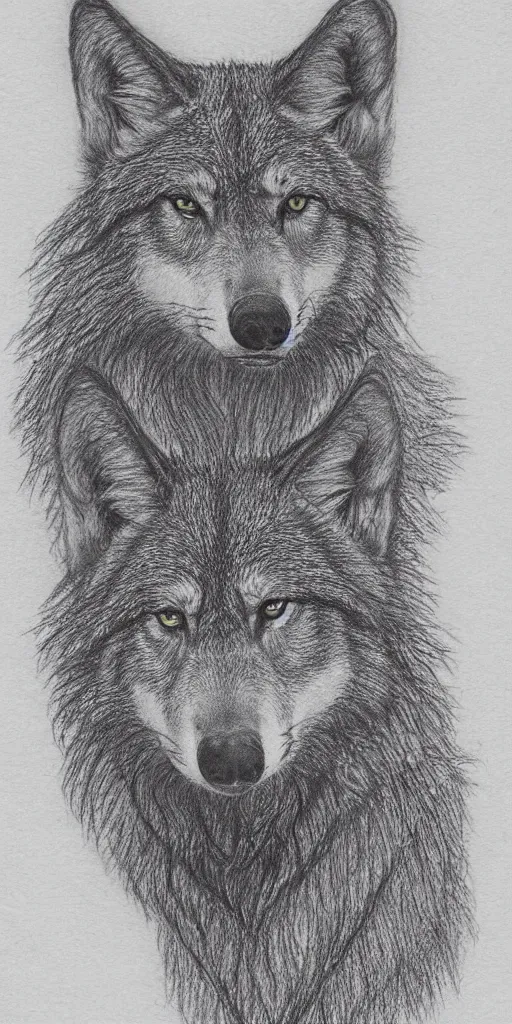 Prompt: highly detailed color pencil drawing of a three-headed wolf, on grainy white graph paper, faded color palette