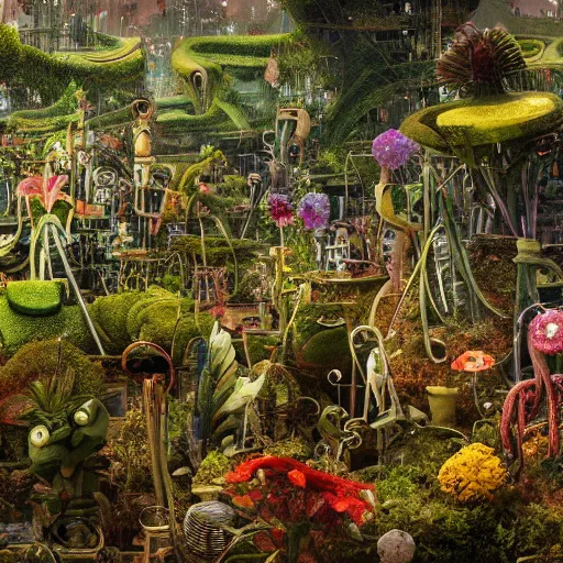 Image similar to panoramic view of a jungle of flowers and vines growing among great heaps of chrome machinery with piles of rusty weapons and broken plastic androids in puddles of glistening oil, artists tram pararam and doctor seuss with beryl cook and hr giger, high contrast cinematic light, mystical shadows, sharp focus, octane render