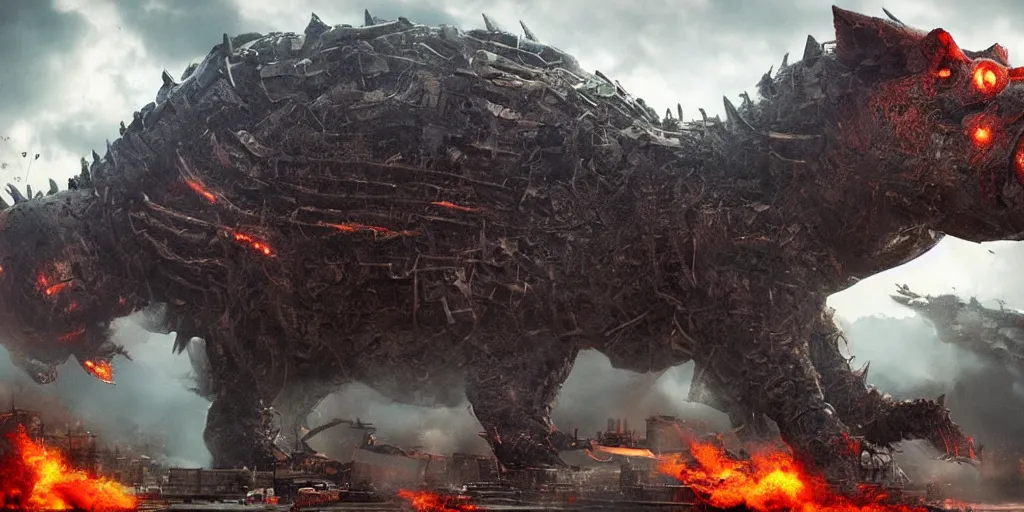Image similar to beautiful extreme wide photo of an enormous mechanized metal pig kaiju destroying a philidelphia, cinematic, in the style of a hollywood blockbuster monster movie