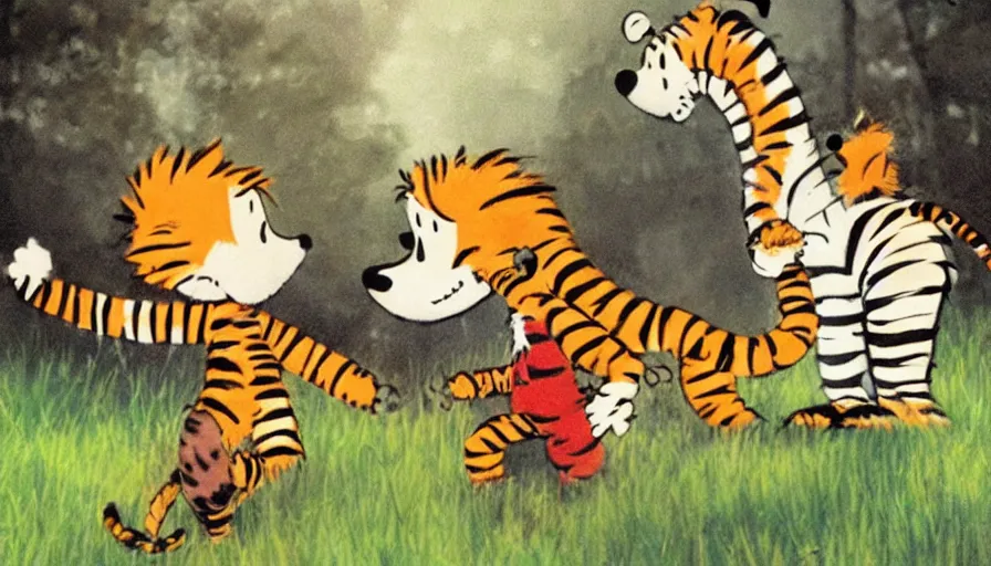 Image similar to a highly detailed photograph of a realistic calvin and hobbes,