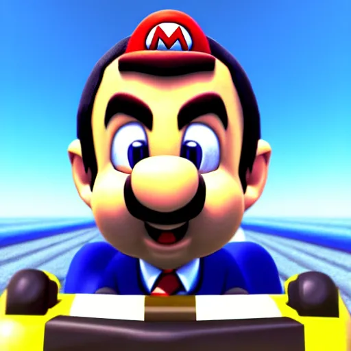 Image similar to photorealistic mr. bean in mario cart. n 6 4, nintendo, gamecube