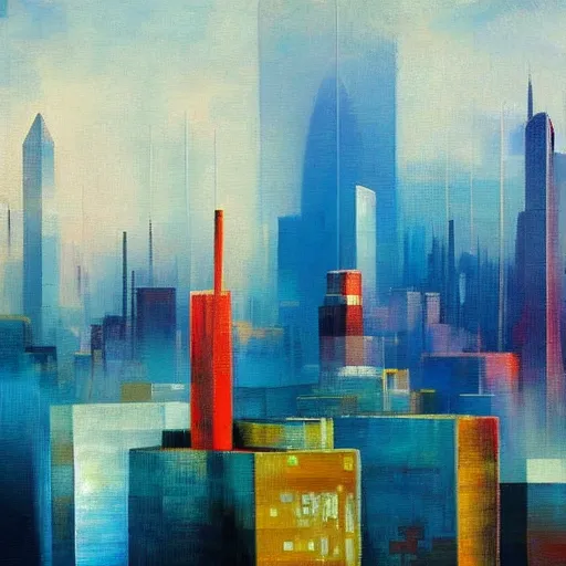 Image similar to a impressionism painting of a cityscape with buildings in the background, an abstract painting by stanton macdonald wright, cgsociety, lyrical abstraction, cityscape, dystopian art