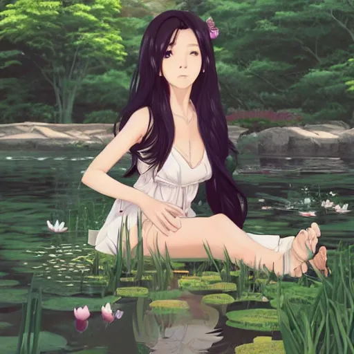 Image similar to a beautiful girl with long dark hair, sitting by a pond, japanese garden, daytime, sharp focus, intricate, artstation, official media, anime key visual, highly detailed, rich vivid colors, ambient lighting, dynamic lighting, art by Artgerm, Makoto Shinkai, Ilya Kuvshinov, Lois Van Baarle, and Rossdraws