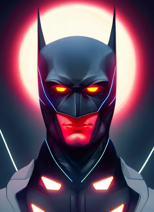 Image similar to symmetry!! portrait of batman beyond, sci - fi, tech wear, glowing lights!! intricate, elegant, highly detailed, digital painting, artstation, concept art, smooth, sharp focus, illustration, art by artgerm and greg rutkowski and alphonse mucha