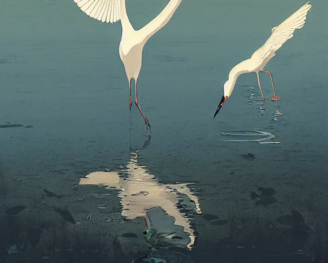 Image similar to a white crane bird hunting in shallow water by abandoned greek architecture, close up, digital art, illustrated by james gurney and victo ngai