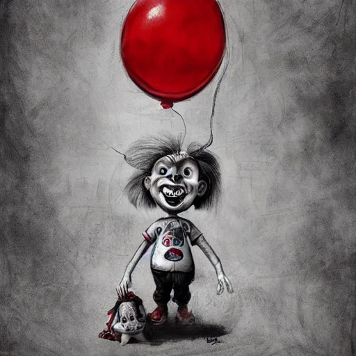 Prompt: surrealism grunge cartoon portrait sketch of the lost man with a wide smile and a red balloon by - michael karcz, loony toons style, pennywise style, chucky style, horror theme, detailed, elegant, intricate