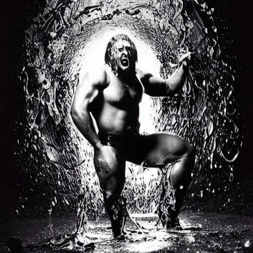 Image similar to 1 9 9 0's wwe publicity photo, a giant muscular man covered in wet reflective slime crawling out of a giant slimy wet cocoon, screaming in agony, inside a secret occult dark evil lab, ultra - detailed, photorealistic