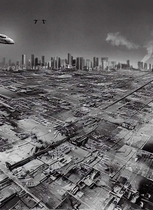 Image similar to a low angle shot and Hyper detailed photograph, of a large building that is flying above dried out miami city, large clumbs of cables and trash hanging underneath it, dust clouds of smoke in the air, fainting palmtrees, and scattered infrastructure, broken neon billboards and a Zeppelin flying close, hyperrealism