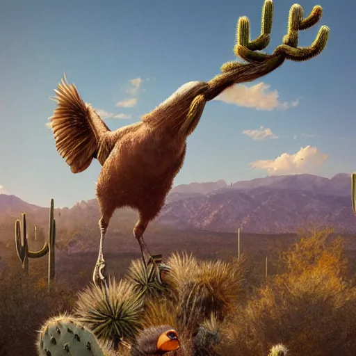 Image similar to A dodo bird perched atop a Saguaro cactus in the desert, full body, digital art, trending on Artstation, high detail, sharp focus, illustration, art by artgerm and greg rutkowski and alphonse mucha.