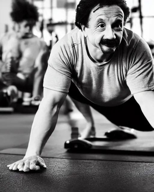 Image similar to a portrait of albert einstein working at the gym doing planks, highly detailed, trending on artstation, bokeh, 9 0 mm, f / 1. 4