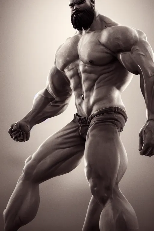 Image similar to a very muscular man with big beard wearing jeans, seductive pose, hyperrealistic, concept art, octane render, unreal engine 5, trending on artstation, high quality, highly detailed, stylish, elegant, path traced, black and white, realistic and detailed face, anatomically correct, five fingers, cinematic, high coherence, dramatic lighting, 8 k