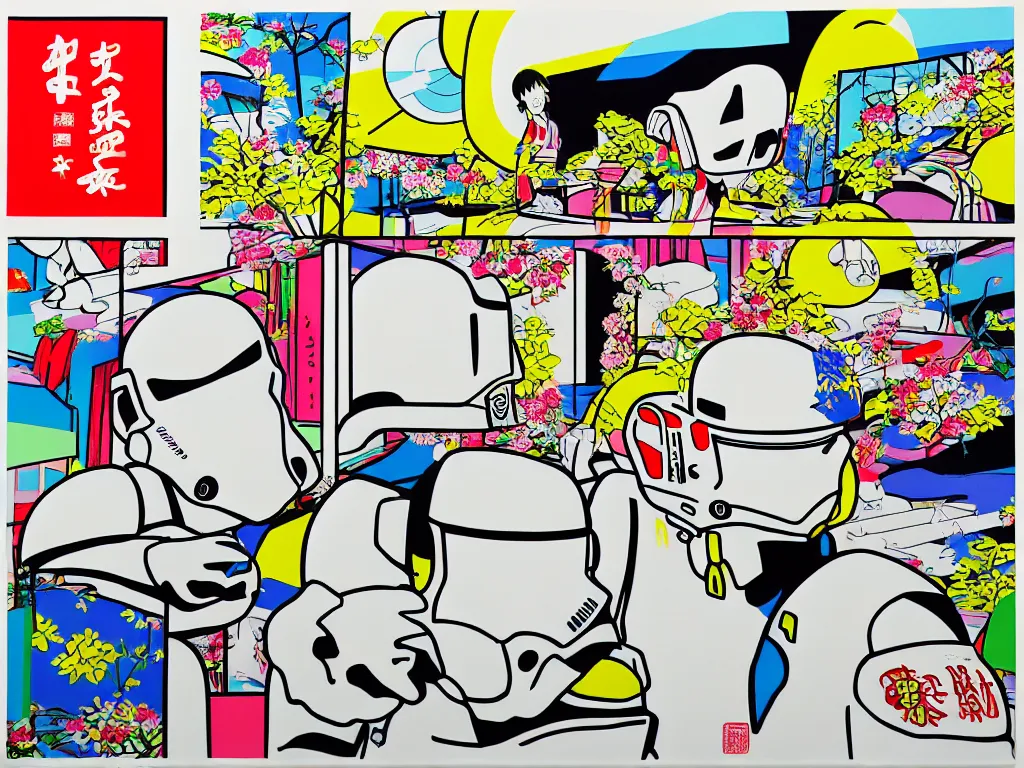 Image similar to hyperrealistic composition of the japanese home with a garden, stormtrooper in hot springs, pop - art style, jacky tsai style, andy warhol style, roy lichtenstein style, pastel palette, acrylic on canvas