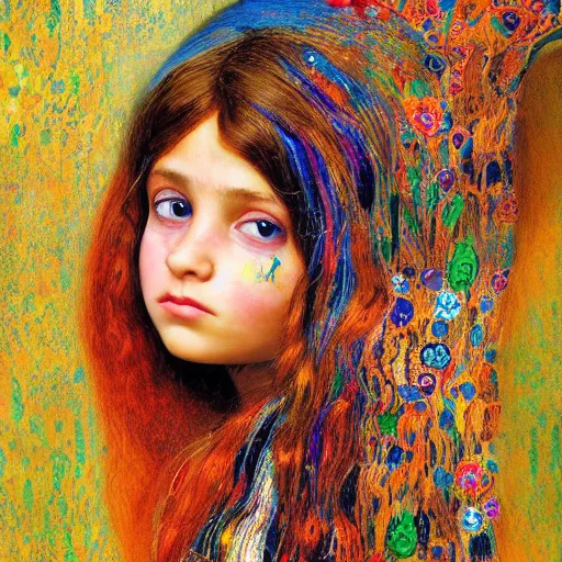 Prompt: painting of vivid colors iraqi child in girl with long hair of a gustav klimt wallpaper by android jones detailed matte painting 8 k