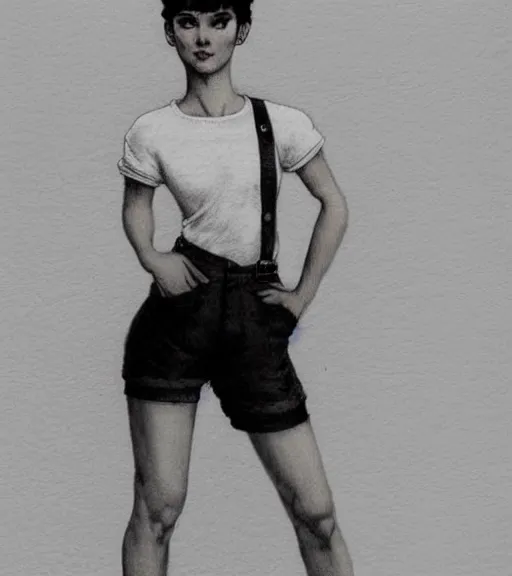 Image similar to lineart of a woman with black hair pixie cut in shorts with suspenders and white t-shirt drawn by anime, Alexandre Cabanel, norman rockwell, peter paul rubens, maler collier, frank frazetta, alphonse mucha, gustav klimt 4k, unreal 5, DAZ, french noveau, trending on artstation, octane render, hyperrealistic