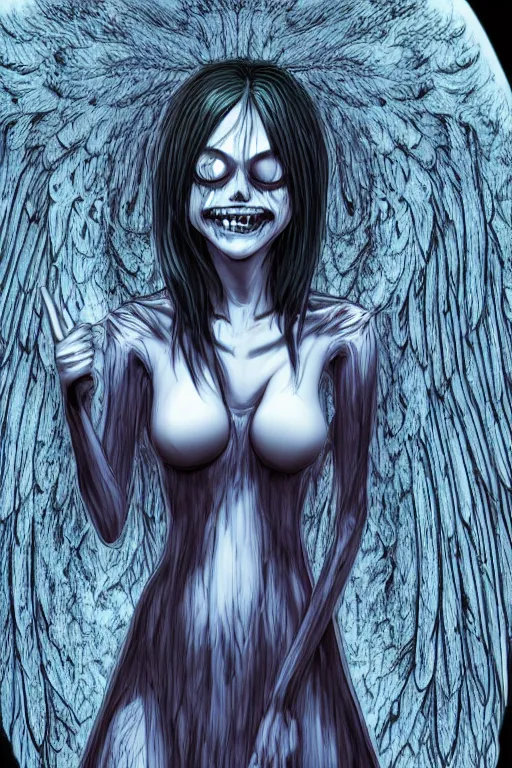 Image similar to angel of death smiling in the dark night, 3 d rendered digital art, by junji ito, sui ishida