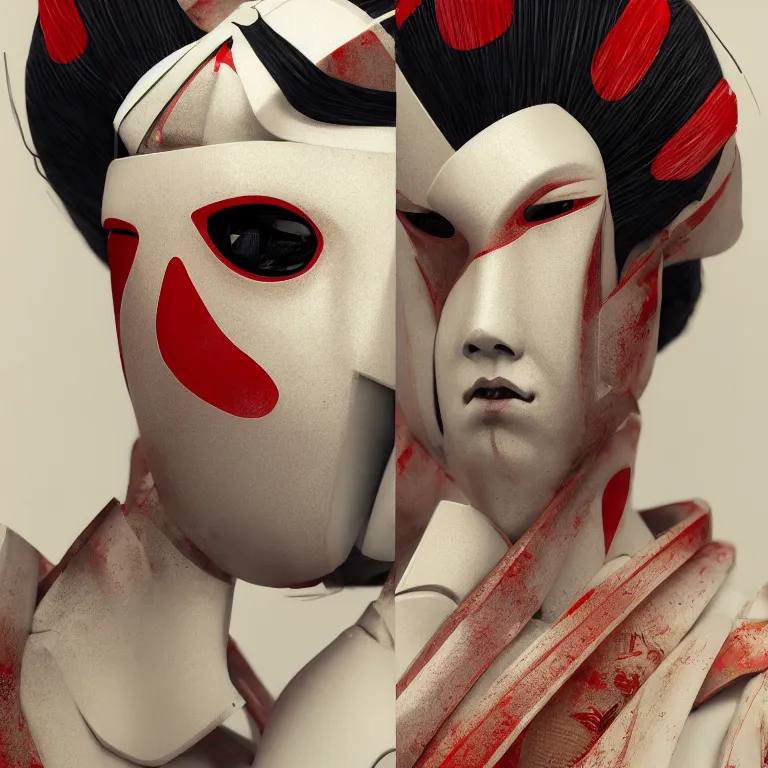 Image similar to japanese geisha robot android portrait, kabuki mask, ominous but beautiful, cybertech, in the style of ash thorp, beautiful, diffuse cinematic lighting, anamorphic lens, anamorphic lens flare, hyper real, intricate detail, octane renderer, unreal engine 5